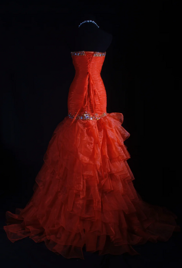 Niulatu Strapless Sheath Long Prom Dresses Tulle Bead Orange Sweet 16 Dresses HZ1026